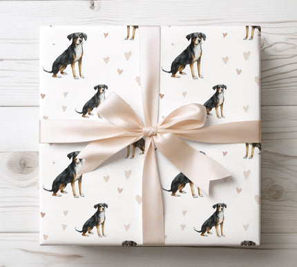 Premium Entlebucher Mountain Dog wrapping paper featuring realistic watercolor Entlebucher Mountain Dog illustrations with soft neutral and blush heart accents on a clean white background. Perfect gift wrap for Entlebucher Mountain Dog owners, dog lovers, Valentine’s Day, birthdays, and pet-themed celebrations. High-quality wrapping paper with a gentle, elegant, and timeless design. 