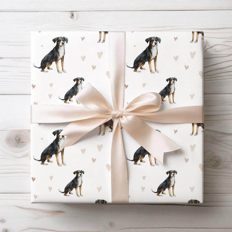 Meadowguard Charm – Entlebucher Mountain Dog watercolor hearts wrapping paper