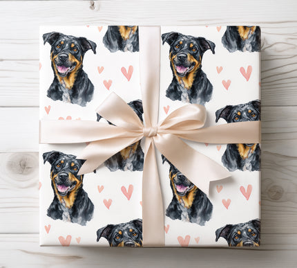 Striking Beauceron wrapping paper featuring a realistic watercolor dog portrait with soft coral heart accents on a clean white background. Perfect for dog lovers, romantic gifts, Valentine’s Day, birthdays, or special occasions. This Beauceron watercolor wrapping paper adds a strong, elegant, and heartfelt touch to every gift. 