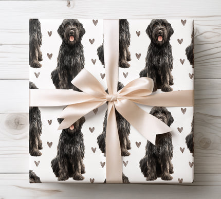 Elegant watercolor Black Russian Terrier dog wrapping paper featuring a happy Black Russian Terrier illustration with soft hand-painted hearts on a clean white background. Premium-quality wrapping paper perfect for dog lovers, birthdays, Valentine’s Day, anniversaries, and meaningful gifts. Timeless, cozy, and refined Black Russian Terrier gift wrap. 