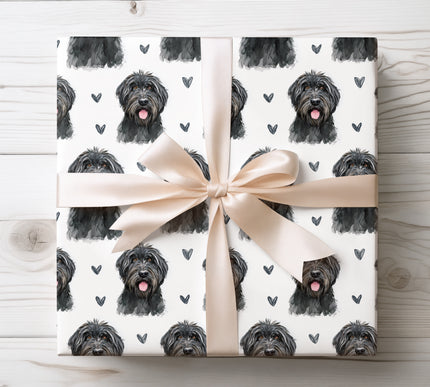 Premium watercolor Black Russian Terrier dog wrapping paper featuring a realistic breed-accurate portrait and soft heart details. Perfect for dog lovers, pet parents, birthdays, Valentine’s Day, and special occasions. High-quality seamless wrapping paper designed for elegant, heartfelt gifting. 