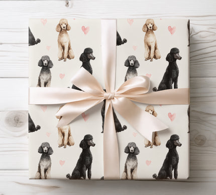 Elegant watercolor wrapping paper showcasing graceful Standard Poodle portraits paired with delicate heart details. Seamless design with a romantic, airy feel, ideal for dog lovers, Valentine’s Day gifts, special occasions, and premium wrapping. 
