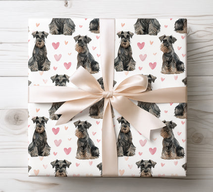 Premium watercolor wrapping paper featuring beautifully detailed Standard Schnauzer illustrations with soft hand-painted heart accents. Seamless repeat on a clean white background, perfect for dog lovers, Valentine’s gifts, birthdays, holidays, and timeless pet-themed gift wrapping. 