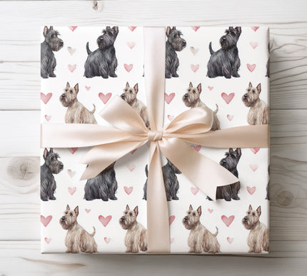 Classic watercolor Scottish Terrier wrapping paper featuring detailed hand-painted Scottie portraits accented with soft heart elements on a clean white background. Ideal for Scottish Terrier lovers, dog parents, birthdays, Valentine’s Day, anniversaries, and heartfelt gift wrapping. Seamless repeating design with premium print quality and a timeless pet-themed style. 