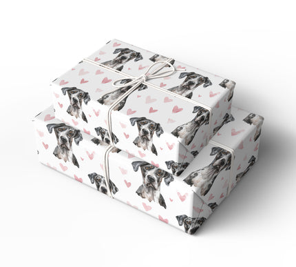 Elegant Great Dane wrapping paper featuring realistic watercolor Great Dane portraits paired with soft pink heart accents on a clean white background. Ideal gift wrap for Great Dane owners, dog lovers, Valentine’s Day, birthdays, and refined pet-themed presents. High-quality wrapping paper with a gentle, romantic, and timeless aesthetic. 