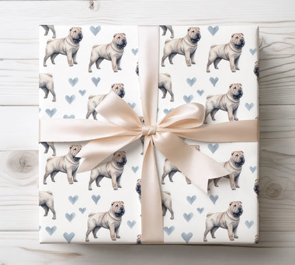 Elegant watercolor Shar Pei wrapping paper showcasing expressive Shar Pei portraits paired with subtle heart accents throughout the design. The bright white background and seamless repeat pattern make it ideal for dog lovers, romantic occasions, birthdays, and special celebrations. High-quality wrapping paper with a warm, affectionate, pet-inspired aesthetic. 