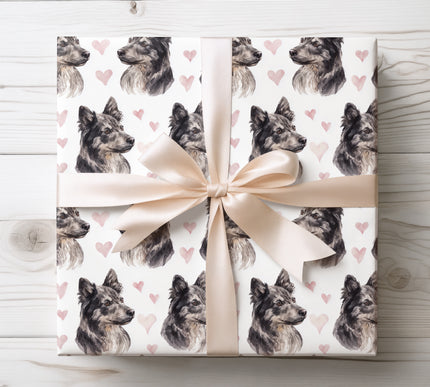 Artistic watercolor Mudi Dog wrapping paper featuring realistic hand-painted dog portraits with soft heart accents. Perfect for Mudi Dog lovers, pet parents, birthdays, Valentine’s Day, and meaningful gifts. Premium seamless Mudi Dog wrapping paper that adds warmth, character, and a truly special touch to every present. 