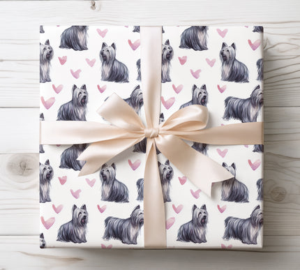 Premium watercolor wrapping paper featuring realistic Skye Terrier illustrations and soft pink heart accents. Elegant hand-painted style, seamless pattern, perfect for dog lovers, birthdays, holidays, Valentine’s gifts, and special occasions. Ideal for luxury gift wrapping, pet-themed presents, and stylish packaging. 