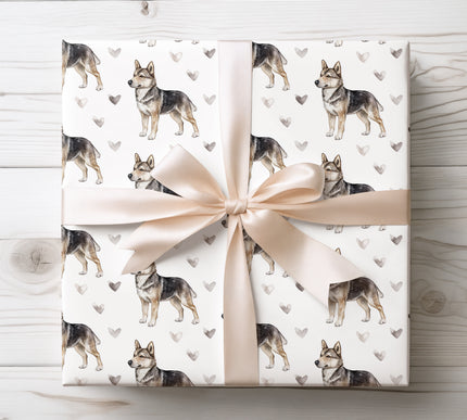 Premium watercolor wrapping paper featuring charming Swedish Vallhund illustrations with soft hand-painted heart details. Seamless repeat on a clean white background, perfect for dog lovers, Valentine’s gifts, birthdays, holidays, and warm pet-themed gift wrapping. 