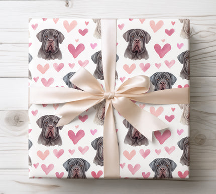 Striking watercolor Neapolitan Mastiff wrapping paper with detailed hand-painted dog illustrations and romantic heart motifs. Ideal for Neapolitan Mastiff owners, dog lovers, birthdays, Valentine’s Day, and special occasions. High-quality seamless Neapolitan Mastiff wrapping paper that makes every gift bold, personal, and unforgettable. 