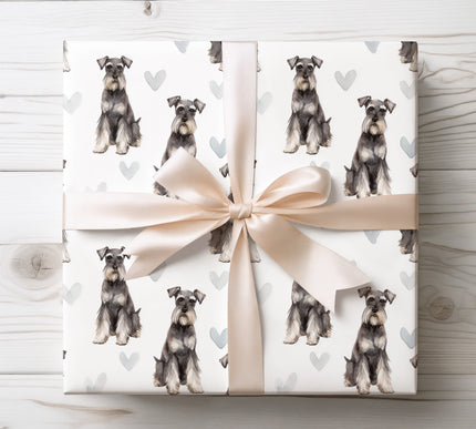 Premium watercolor wrapping paper featuring refined Standard Schnauzer illustrations with soft hand-painted heart details. Seamless repeat pattern on a clean white background, perfect for dog lovers, Valentine’s gifts, birthdays, holidays, and timeless pet-themed gift wrapping. 