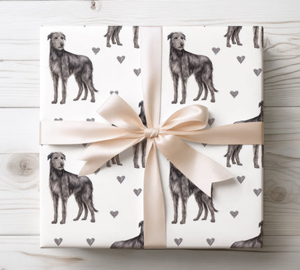 Refined watercolor Scottish Deerhound wrapping paper showcasing graceful Deerhound portraits combined with subtle heart accents. The bright white background and seamless repeat pattern make it ideal for dog lovers, romantic occasions, birthdays, and meaningful celebrations. High-quality wrapping paper with a soft, affectionate, pet-inspired aesthetic. 