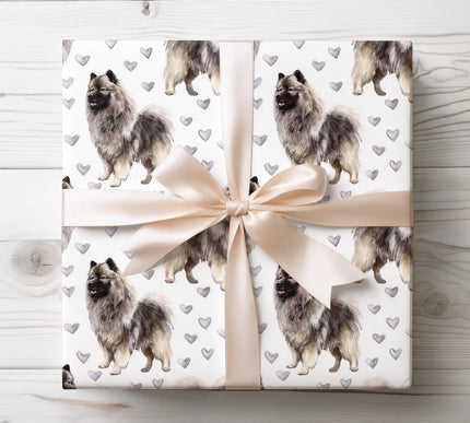 Premium Keeshond wrapping paper featuring a realistic watercolor illustration of the Keeshond dog with soft silver heart accents. Perfect for Keeshond owners and dog lovers, ideal for birthdays, Valentine’s Day, holidays, and thoughtful gifts. High-quality seamless wrapping paper designed for elegant and cozy gift presentation. 
