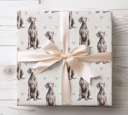 Elegant watercolor wrapping paper showcasing graceful Weimaraner portraits paired with delicate heart details. Seamless design with a refined, romantic feel, ideal for dog lovers, Valentine’s Day gifts, special occasions, and premium wrapping. 