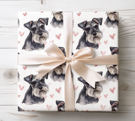 Soft watercolor Miniature Schnauzer wrapping paper featuring detailed hand-painted dog portraits and delicate heart accents. Perfect for Miniature Schnauzer lovers, dog parents, birthdays, Valentine’s Day, and special gifts. Premium seamless Miniature Schnauzer wrapping paper that adds warmth, personality, and charm to every present. 