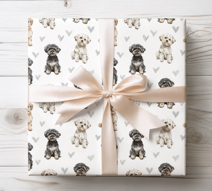 Charming watercolor Schnoodle wrapping paper showcasing adorable Schnoodle dog illustrations combined with subtle heart accents. Bright white background with a seamless repeat pattern, perfect for dog lovers, pet parents, heartfelt gifts, birthdays, and everyday wrapping. High-quality wrapping paper with a warm, playful, pet-inspired style.
