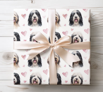 Elegant watercolor Polish Lowland Sheepdog wrapping paper with gentle heart details. Featuring the iconic fluffy PON breed, this premium dog-themed gift wrap is ideal for Polish Lowland Sheepdog owners, dog lovers, birthdays, holidays, and heartfelt occasions. A unique wrapping paper for unforgettable gifts. 