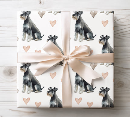 Premium watercolor wrapping paper featuring classic Standard Schnauzer illustrations with soft hand-painted heart details. Seamless repeat pattern on a clean white background, perfect for dog lovers, Valentine’s gifts, birthdays, holidays, and refined pet-themed gift wrapping. 