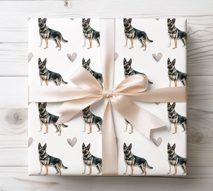 Premium German Shepherd wrapping paper featuring realistic watercolor German Shepherd illustrations with soft neutral heart accents on a clean white background. Perfect gift wrap for German Shepherd owners, dog lovers, Valentine’s Day, birthdays, and refined pet-themed gifts. High-quality wrapping paper with a strong, elegant, and timeless design. 