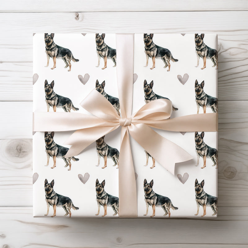 Stoneheart Sentinel – German Shepherd watercolor hearts wrapping paper