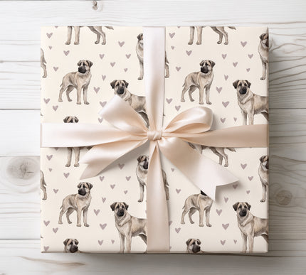 Premium Kangal wrapping paper featuring a realistic watercolor illustration of the Kangal dog with soft heart accents on a warm neutral background. Perfect for Kangal owners, dog lovers, birthdays, Valentine’s Day, holidays, and meaningful occasions. High-quality seamless wrapping paper designed for strong, elegant, and heartfelt gift presentation. 