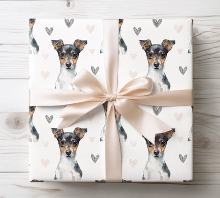 Sweet watercolor Rat Terrier wrapping paper featuring expressive Rat Terrier portraits with hand-drawn heart accents. Perfect for Rat Terrier lovers, dog moms and dog dads, birthdays, Valentine’s Day, and thoughtful dog-themed gifts. Premium seamless Rat Terrier dog wrapping paper designed to add charm, warmth, and personality to every present. 