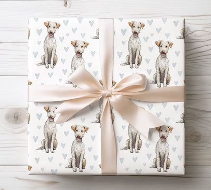 Graceful Bedlington Terrier wrapping paper showcasing a delicate watercolor dog portrait with soft blue heart accents on a clean white background. Ideal for dog lovers, romantic gifts, Valentine’s Day, birthdays, anniversaries, or everyday gifting. This Bedlington Terrier watercolor wrapping paper adds an airy, refined, and heartfelt touch to every gift. 