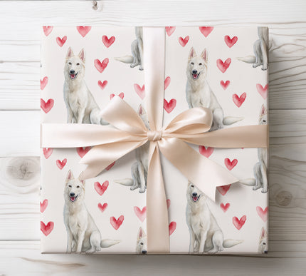 Premium watercolor wrapping paper featuring beautiful Swiss White Shepherd illustrations with vivid hand-painted heart accents. Seamless repeat on a clean white background, perfect for dog lovers, Valentine’s gifts, birthdays, holidays, and warm, meaningful pet-themed gift wrapping. 