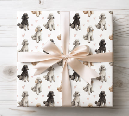 Elegant watercolor wrapping paper showcasing graceful Standard Poodle portraits accented with delicate heart elements. Seamless design with a light, romantic feel, ideal for dog lovers, Valentine’s Day gifts, special occasions, and premium wrapping. 