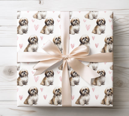 Soft watercolor Shih Tzu wrapping paper featuring adorable hand-painted Shih Tzu illustrations accented with gentle heart details on a clean white background. Perfect for Shih Tzu lovers, dog parents, birthdays, Valentine’s Day, anniversaries, and heartfelt gift wrapping. Seamless repeating design with premium print quality and a sweet, pet-inspired style. 