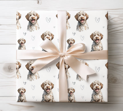 Delightful Barbet wrapping paper featuring a soft, realistic watercolor dog illustration with gentle hand-drawn heart accents on a clean white background. Perfect for dog lovers, romantic gifts, Valentine’s Day, birthdays, or any special occasion. This Barbet watercolor wrapping paper adds a cozy, playful, and heartfelt touch to every gift. 