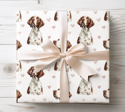 Elegant English Pointer wrapping paper featuring lifelike watercolor English Pointer illustrations combined with soft heart elements on a white background. Perfect for English Pointer owners, dog lovers, Valentine’s Day, birthdays, and thoughtful dog-themed gifts. Premium wrapping paper with a refined, romantic feel. 