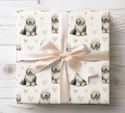 High-quality watercolor Polish Lowland Sheepdog wrapping paper featuring soft hand-painted dog illustrations with delicate heart accents. Perfect gift wrap for Polish Lowland Sheepdog owners, dog lovers, birthdays, Valentine’s Day, anniversaries, or any special occasion. Seamless repeating pattern on premium paper, ideal for wrapping dog-themed gifts with a warm, artistic touch. Designed for pet lovers who want unique and elegant wrapping paper. 