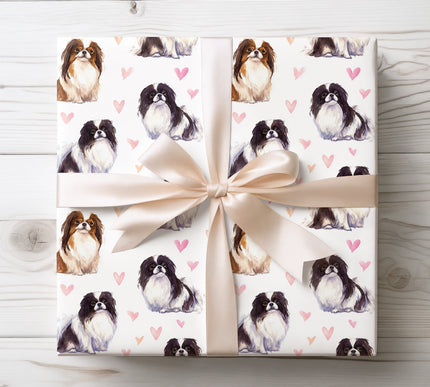 Delicate Japanese Chin wrapping paper featuring a soft watercolor illustration of the Japanese Chin dog with pastel heart accents. Perfect for Japanese Chin lovers, dog-themed gifts, Valentine’s Day, birthdays, anniversaries, and elegant celebrations. Premium seamless wrapping paper designed for charming and refined gift presentation. 