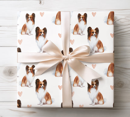 Delicate watercolor Papillon wrapping paper featuring graceful, hand-painted Papillon dog illustrations with soft heart accents. Perfect for Papillon lovers, dog parents, birthdays, Valentine’s Day, and romantic gifting. Premium seamless Papillon wrapping paper that adds elegance, charm, and a loving touch to every present. 