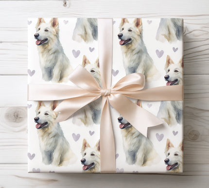 Elegant watercolor wrapping paper showcasing graceful Swiss White Shepherd portraits paired with delicate heart details. Seamless design with a light, romantic feel, ideal for dog lovers, Valentine’s Day gifts, special occasions, and premium wrapping. 
