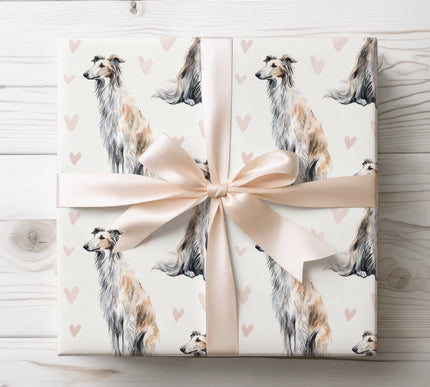 Elegant watercolor wrapping paper showcasing flowing Silken Windhound illustrations paired with delicate heart accents. Seamless repeat design, soft neutral tones, ideal for dog lovers, Valentine’s gifts, special occasions, and stylish premium wrapping. 
