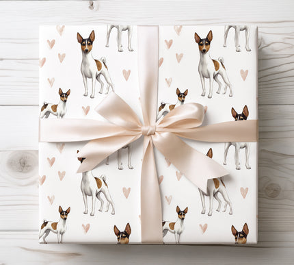 Premium watercolor wrapping paper featuring charming Toy Fox Terrier illustrations with soft hand-painted heart accents. Seamless repeat on a clean white background, perfect for dog lovers, Valentine’s gifts, birthdays, holidays, and sweet pet-themed gift wrapping. 