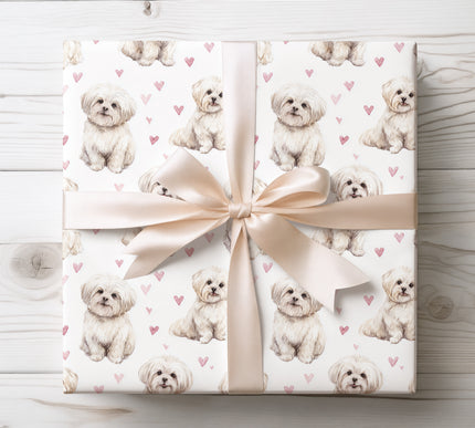 Premium watercolor Maltese dog wrapping paper featuring adorable hand-painted Maltese portraits with soft heart accents. Perfect gift wrap for Maltese dog lovers, birthdays, Valentine’s Day, pet-themed gifts, and special occasions. High-quality seamless design, ideal for dog mom and dog dad presents. 