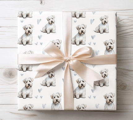 Delicate watercolor Sealyham Terrier wrapping paper featuring charming hand-painted Sealyham Terrier illustrations with soft heart accents on a clean white background. Perfect for Sealyham Terrier lovers, dog parents, birthdays, Valentine’s Day, anniversaries, and heartfelt gift wrapping. Seamless repeating design with premium print quality and a timeless pet-inspired style. 