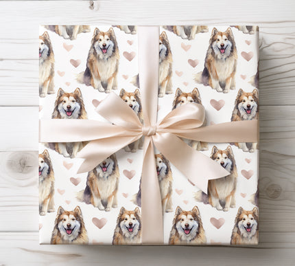 Premium Alaskan Malamute dog wrapping paper featuring beautiful watercolor sitting portraits with soft blush hearts on a clean white background. Perfect gift wrap for Alaskan Malamute lovers, dog moms and dog dads, Valentine’s Day, birthdays, anniversaries, and cozy pet-themed gifts. High-quality wrapping paper with an elegant, romantic feel. 