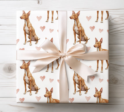 Elegant watercolor Pharaoh Hound wrapping paper showcasing graceful dog illustrations paired with soft heart motifs. A premium dog-themed gift wrap designed for Pharaoh Hound owners and dog lovers. Ideal for birthdays, Valentine’s Day, holidays, and special occasions. Seamless repeating pattern printed on high-quality paper for a refined, artistic gift presentation that stands out. 