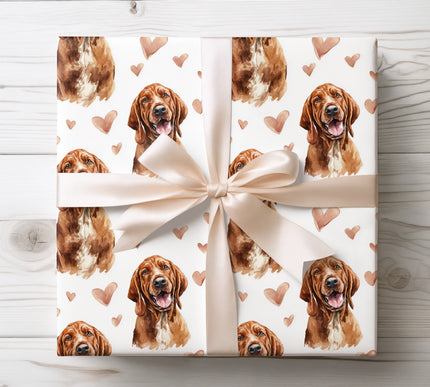 Romantic watercolor Bloodhound dog wrapping paper featuring a happy Bloodhound illustration with soft hand-painted hearts on a clean white background. High-quality wrapping paper perfect for dog lovers, birthdays, Valentine’s Day, anniversaries, and heartfelt gifts. Elegant, warm, and timeless Bloodhound gift wrap. 