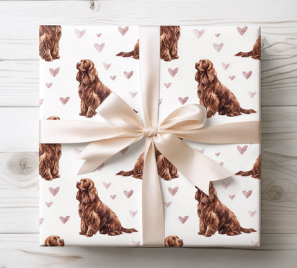Elegant watercolor wrapping paper showcasing soulful Sussex Spaniel portraits paired with delicate heart accents. Seamless design with a romantic, cozy feel, ideal for dog lovers, Valentine’s Day gifts, special occasions, and premium heartfelt wrapping. 