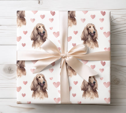 Premium Afghan Hound dog wrapping paper featuring elegant watercolor portraits with soft blush hearts on a clean white background. Perfect gift wrap for Afghan Hound lovers, dog moms and dog dads, Valentine’s Day, birthdays, anniversaries, and stylish pet-themed gifts. High-quality wrapping paper with a refined, romantic feel.
