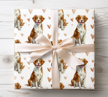 Soft watercolor Brittany dog wrapping paper featuring a happy Brittany illustration with delicate hand-painted hearts on a clean white background. Premium-quality wrapping paper perfect for dog lovers, birthdays, Valentine’s Day, anniversaries, and heartfelt gifts. Warm, charming, and timeless Brittany gift wrap. 