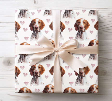 Premium English Pointer dog wrapping paper featuring expressive watercolor English Pointer portraits with soft blush heart accents on a clean white background. Perfect gift wrap for English Pointer owners, dog lovers, Valentine’s Day, anniversaries, and elegant pet-themed gifts. High-quality wrapping paper with a warm, romantic, and timeless design. 