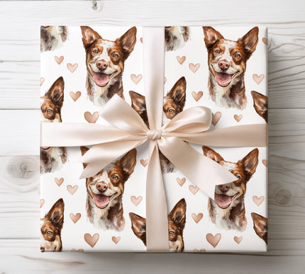 Warm watercolor wrapping paper featuring a joyful Australian Kelpie accented with soft heart motifs on a clean white background. Ideal gift wrap for Australian Kelpie lovers, dog parents, birthdays, Valentine’s Day, and special occasions. Premium seamless design Australian Kelpie wrapping paper.
