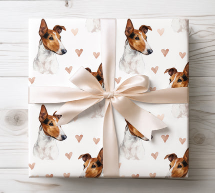 Premium watercolor wrapping paper featuring lively Smooth Fox Terrier portraits with soft hand-painted heart details. Seamless repeat pattern on a clean white background, perfect for dog lovers, Valentine’s gifts, birthdays, holidays, and stylish pet-themed gift wrapping. 