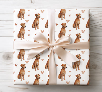 Charming Irish Terrier wrapping paper with a detailed watercolor illustration of the Irish Terrier dog, accented by warm-toned hearts. A perfect choice for Irish Terrier lovers, dog-themed gifts, birthdays, Valentine’s Day, and festive occasions. High-quality seamless wrapping paper designed for stylish and memorable gift presentation. 
